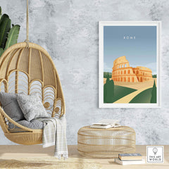 Rome Wall Art Poster featuring the Colosseum in a stylish interior setting with a hanging chair and natural decor.