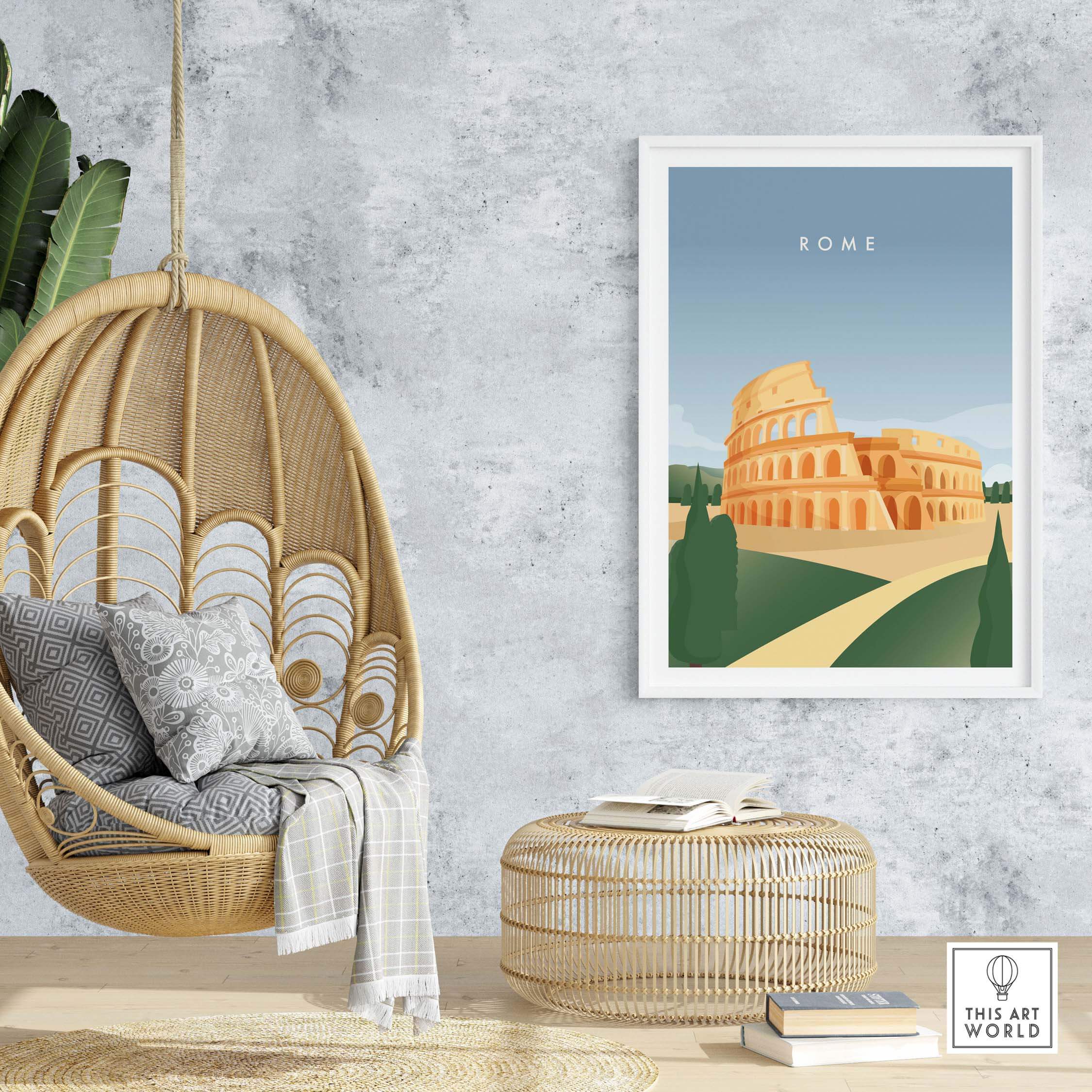 Rome Wall Art Poster featuring the Colosseum in a stylish interior setting with a hanging chair and natural decor.