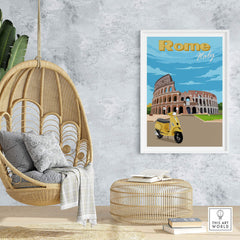 Rome Print Poster featuring the Colosseum and a vintage scooter in a stylish interior setting.