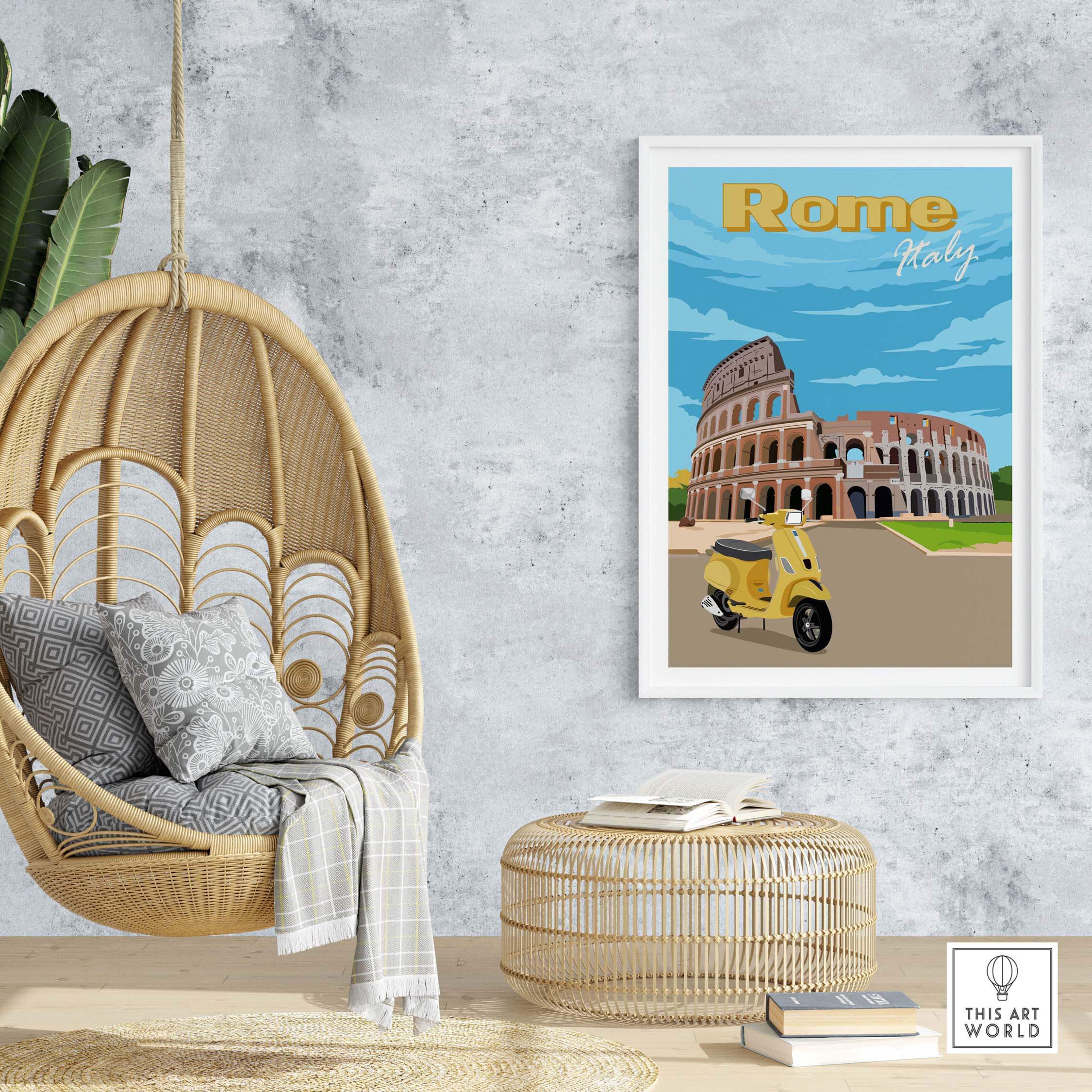 Rome Print Poster featuring the Colosseum and a vintage scooter in a stylish interior setting.
