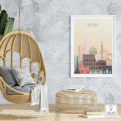 Rome City Skyline print displayed in a chic interior, showcasing iconic architecture in pastel tones.