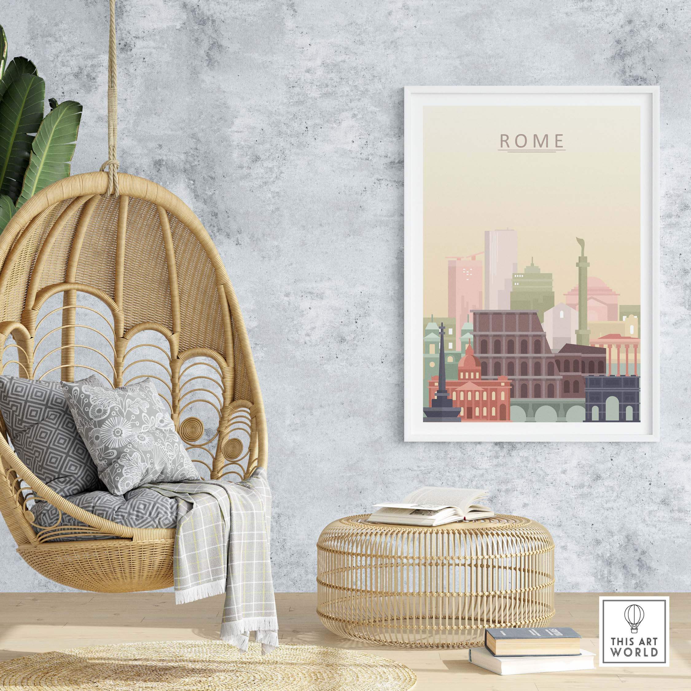 Rome City Skyline print displayed in a chic interior, showcasing iconic architecture in pastel tones.