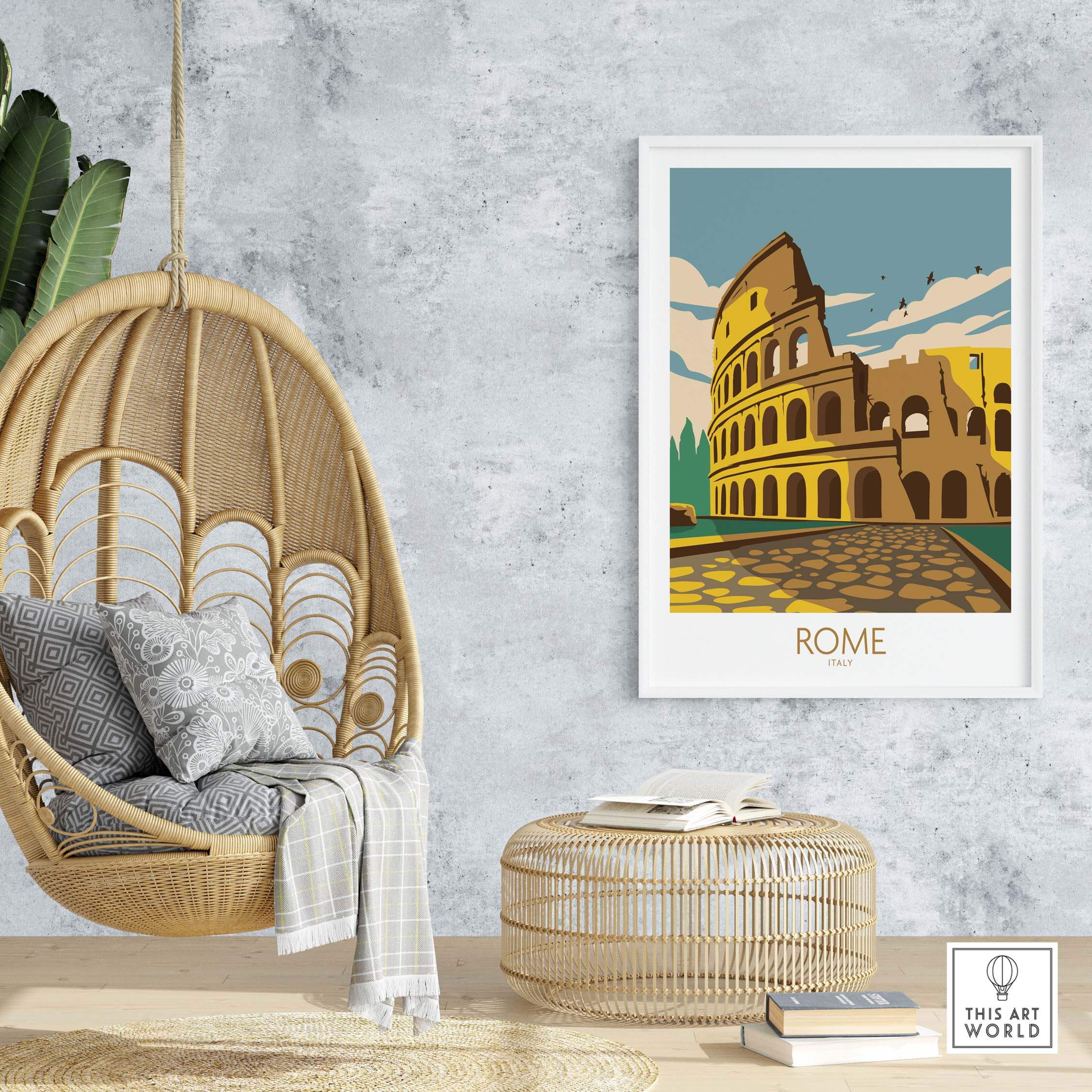 Vintage Rome poster featuring the Colosseum, set in a stylish home decor with a hanging chair and woven ottoman.