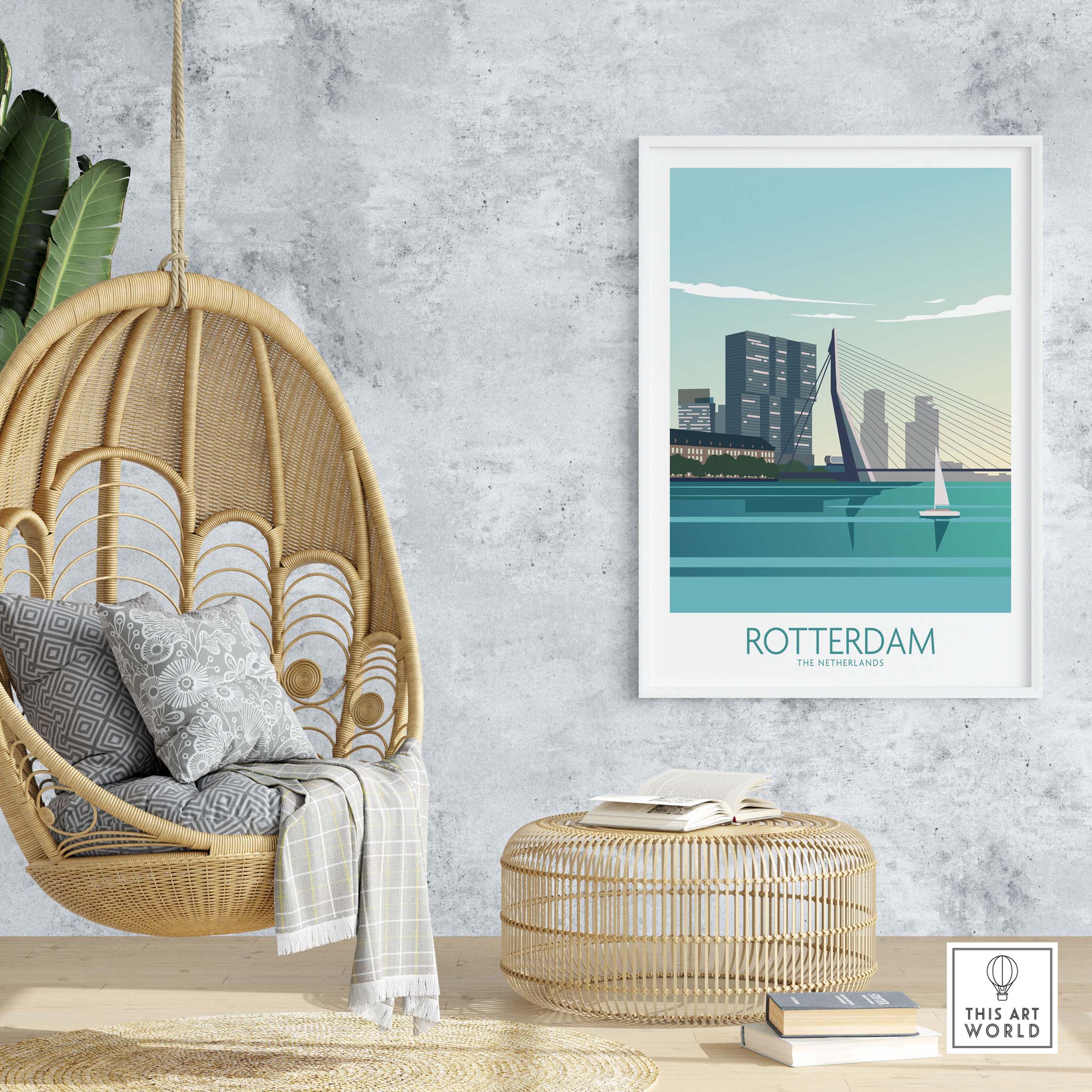 Rotterdam poster showcasing the skyline, framed art print for stylish home decor and travel inspiration.