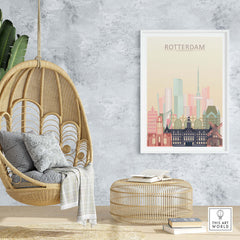 Rotterdam skyline print in pastel colors displayed in a modern living space with rattan furniture.