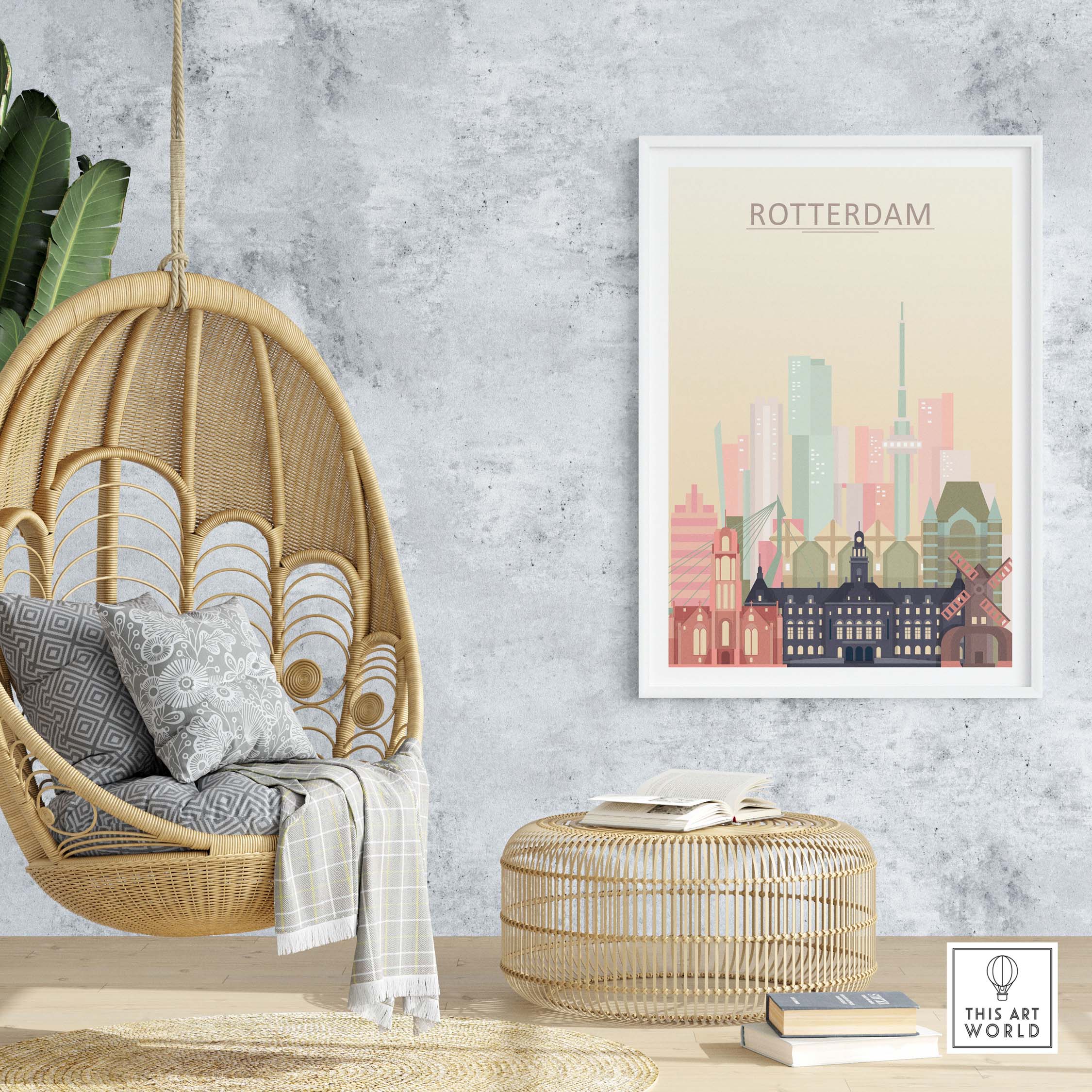 Rotterdam skyline print in pastel colors displayed in a modern living space with rattan furniture.