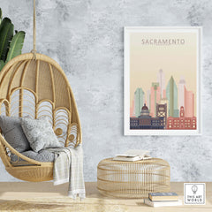Sacramento Skyline Poster in warm pastel tones displayed in a stylish interior with a hanging chair and decorative elements.