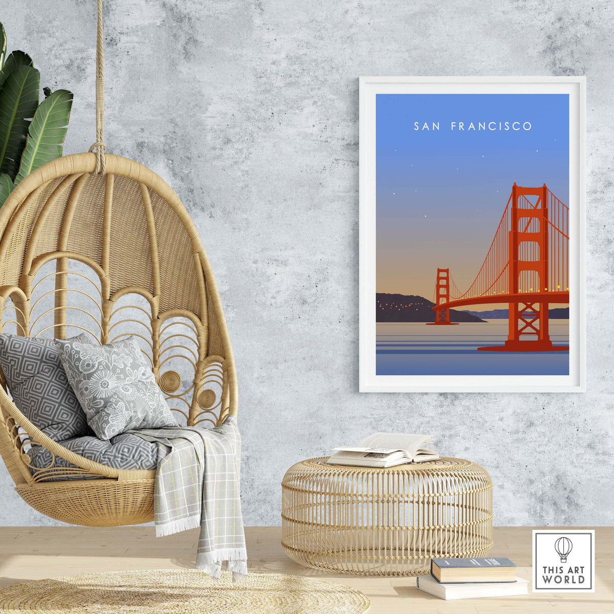 San Francisco Print Wall Art Poster featuring iconic Golden Gate Bridge, styled in a cozy home setting.
