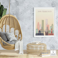 San Francisco City Skyline Print featuring Golden Gate Bridge in warm pastel tones, displayed in a stylish home interior.