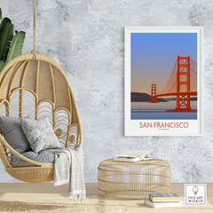 San Francisco Print Poster featuring the Golden Gate Bridge, showcasing travel art in a cozy home setting.