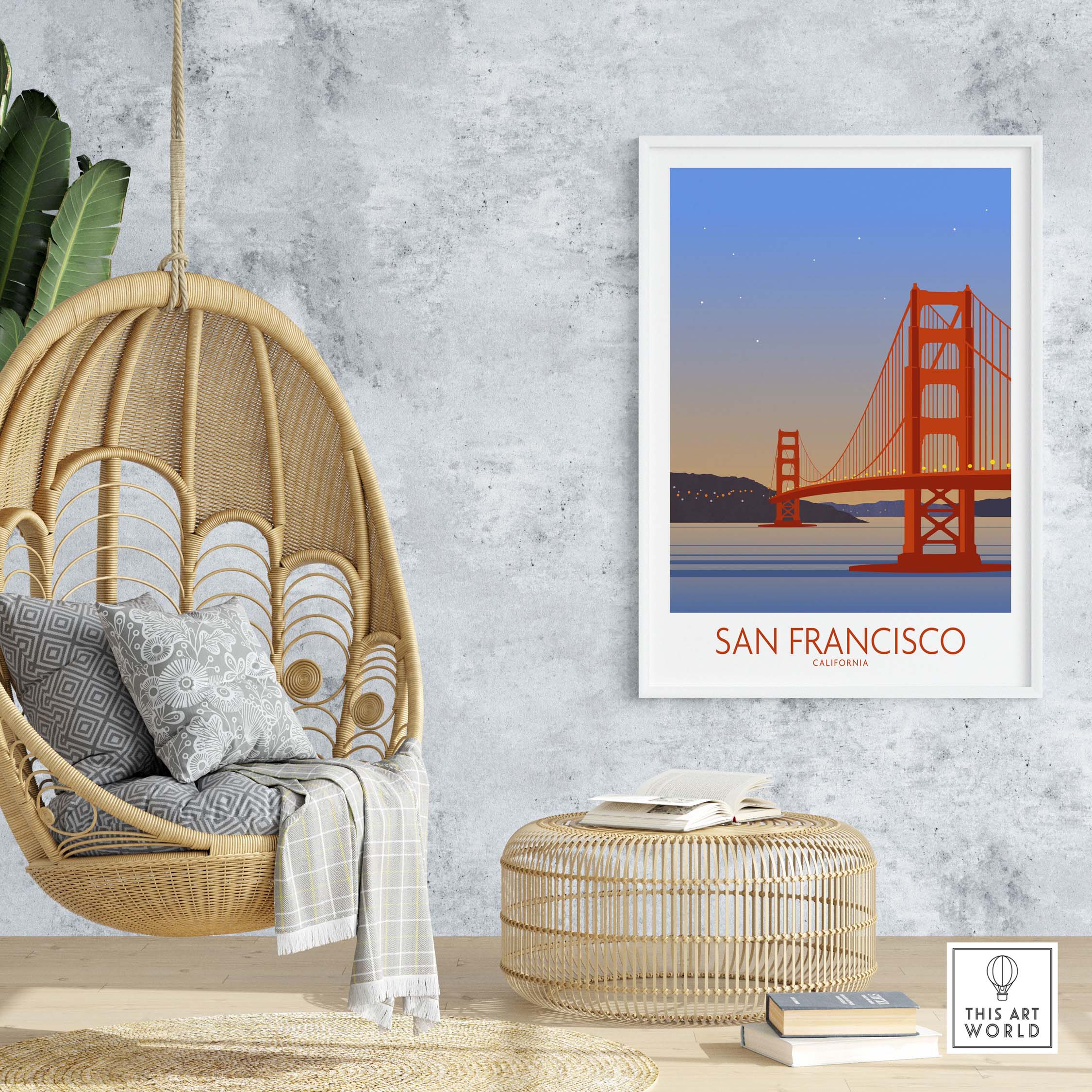 San Francisco Print Poster featuring the Golden Gate Bridge, showcasing travel art in a cozy home setting.