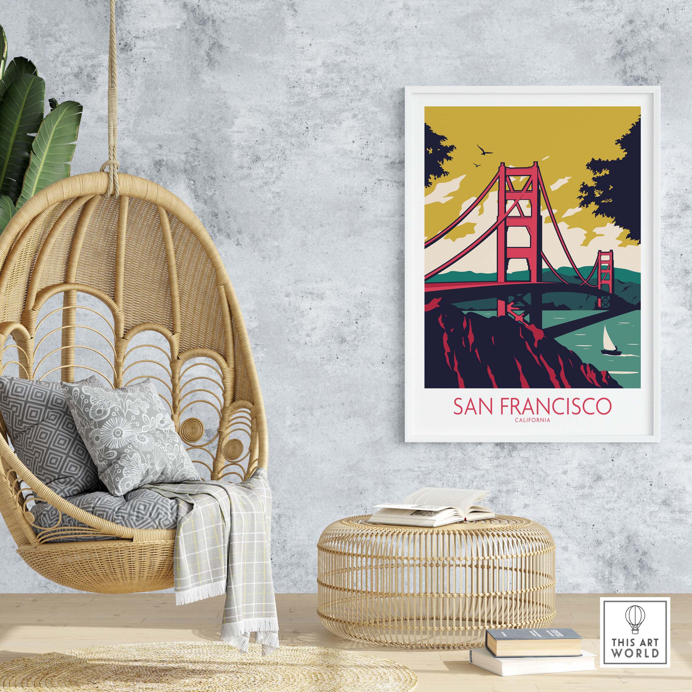 San Francisco poster print featuring the Golden Gate Bridge in a vintage style, perfect for home or office decor.
