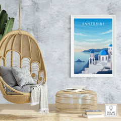 Minimalist Santorini print wall art framed, depicting blue domes and serene seascape, perfect for home decor.