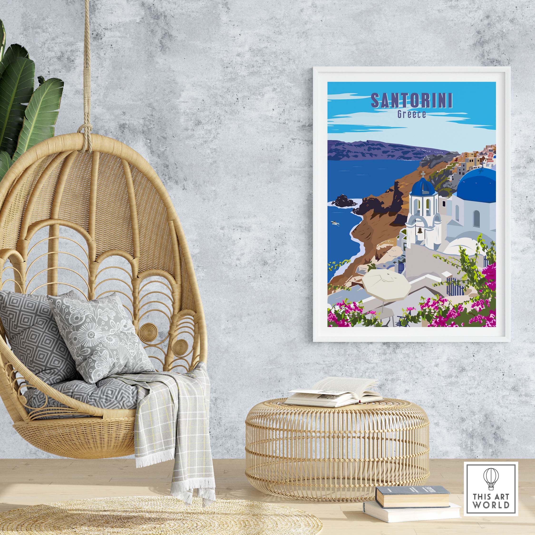 Stylish Santorini wall art print featuring Greece's iconic blue domes and coastal views, perfect for home decor.