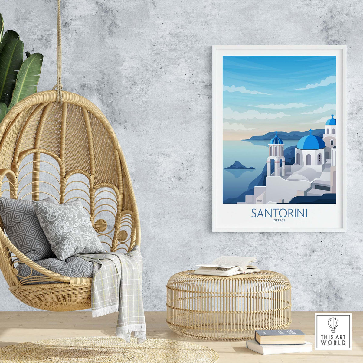 Santorini wall art print showcasing iconic blue-domed buildings, perfect for travel enthusiasts and home decor.