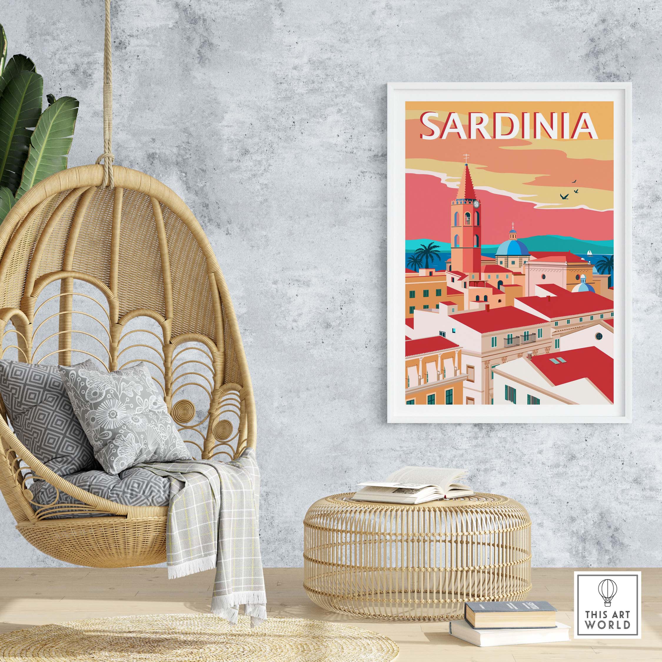 Sardinia Poster Print displayed in a cozy indoor setting with a hanging chair and stylish decor.