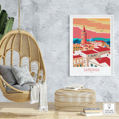 Sardinia Print Italy Travel Poster featuring vibrant coastal scenery and charming architecture in a stylish home decor setting.