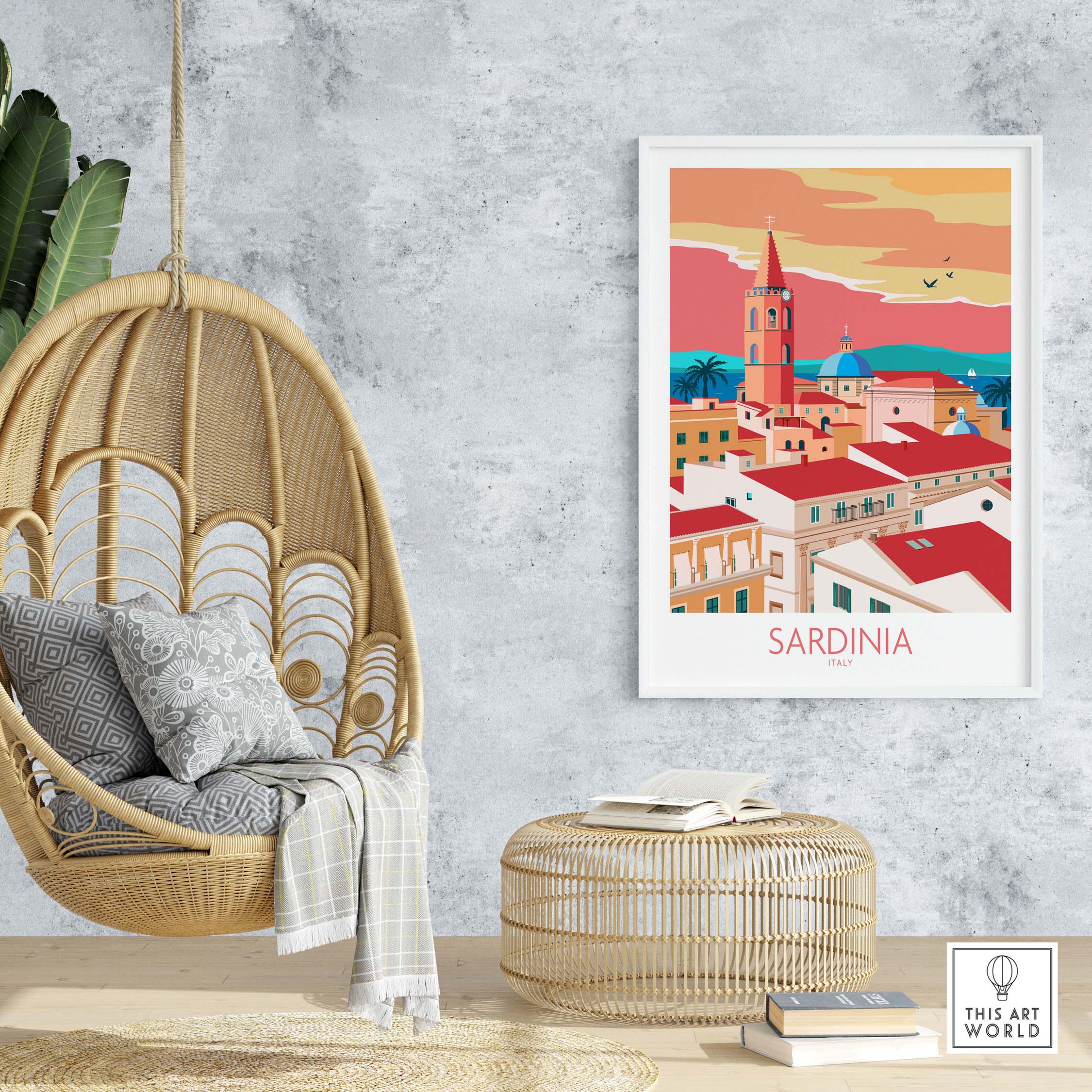 Sardinia Print Italy Travel Poster featuring vibrant coastal scenery and charming architecture in a stylish home decor setting.