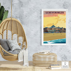 Scheveningen Poster Den Haag displayed in a modern living space, showcasing vintage travel art from the Netherlands.