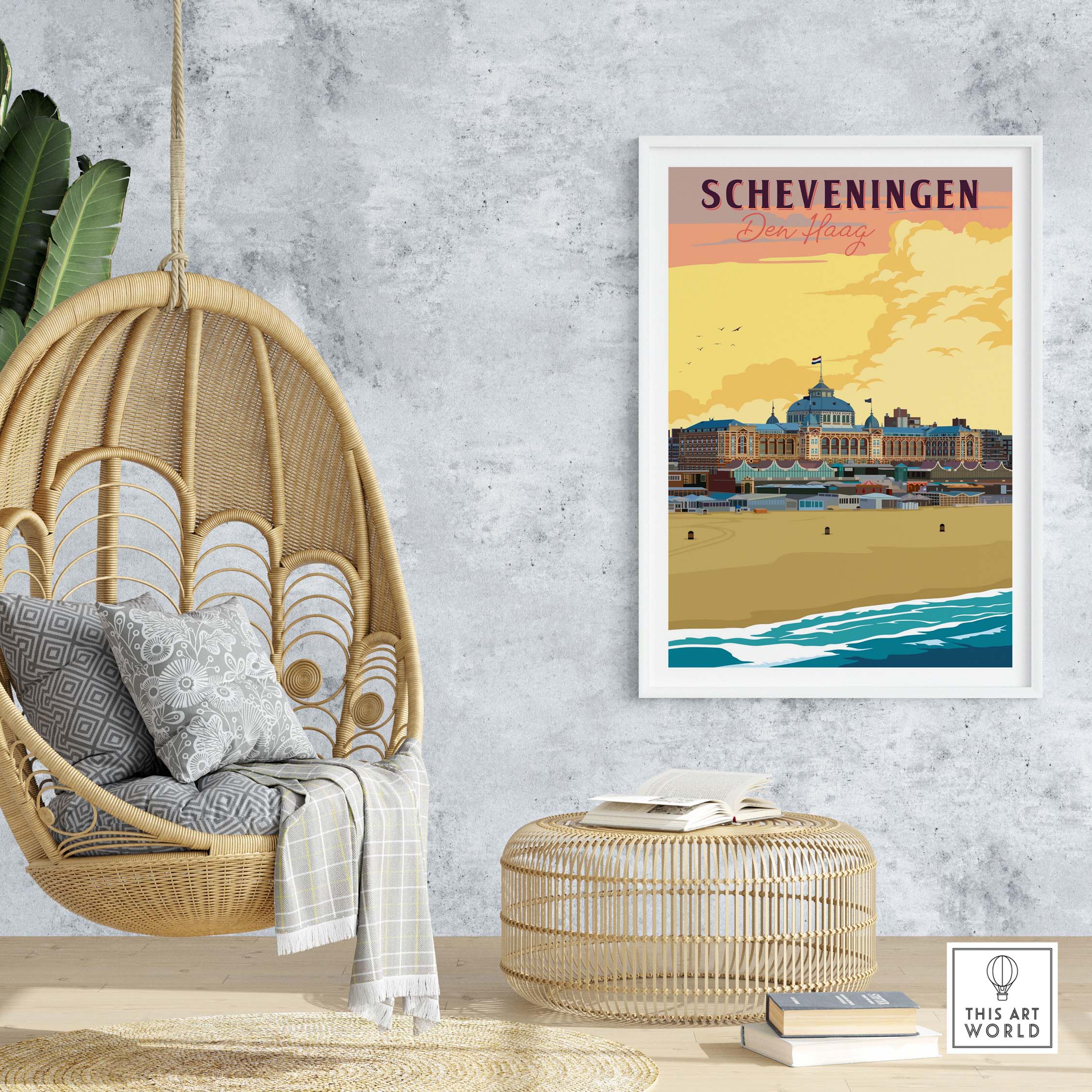 Scheveningen Poster Den Haag displayed in a modern living space, showcasing vintage travel art from the Netherlands.