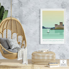 Scottish Highlands minimalist art print displayed in a stylish living room with hanging chair and wicker decor.