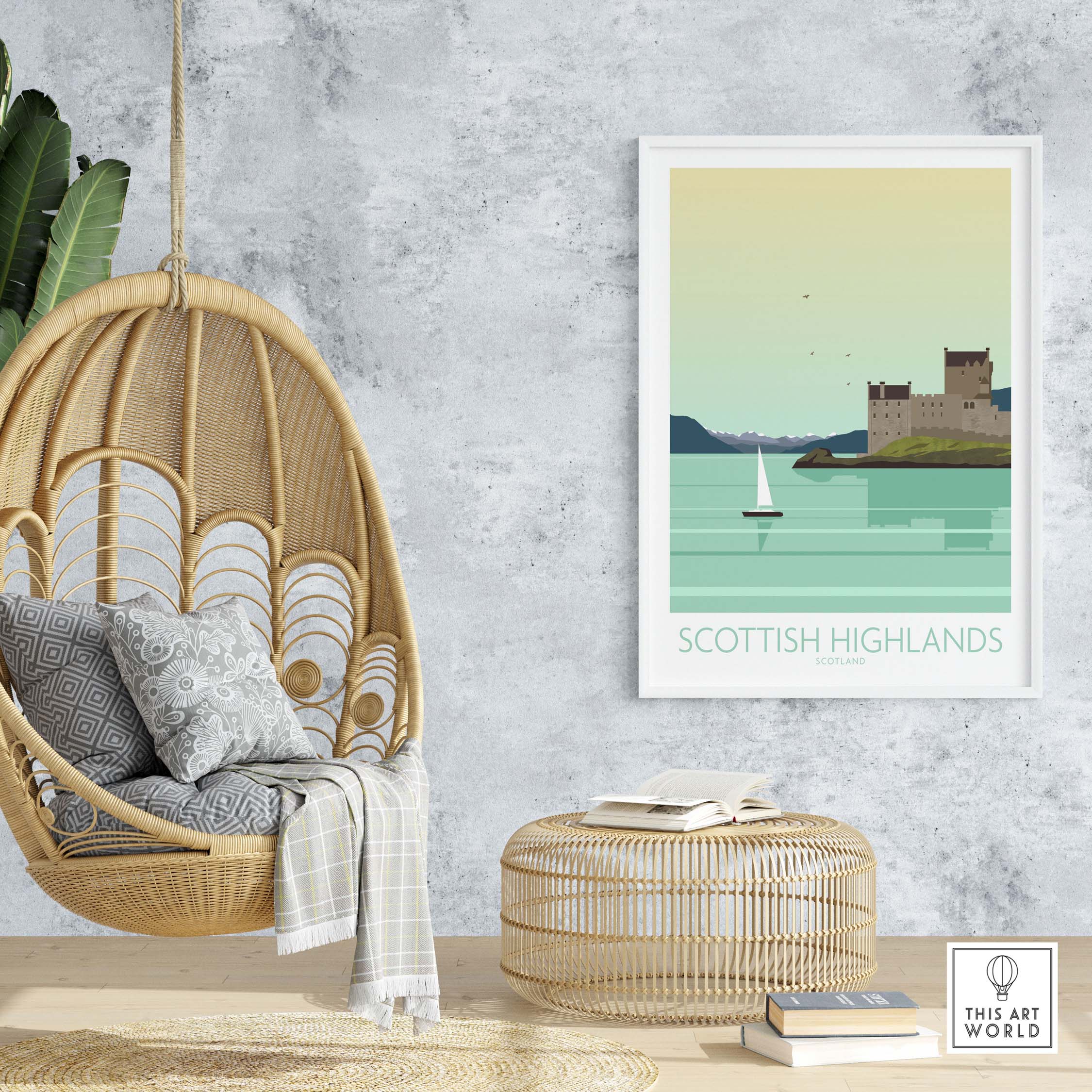 Scottish Highlands minimalist art print displayed in a stylish living room with hanging chair and wicker decor.