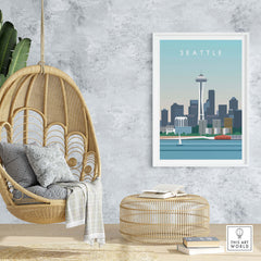 Seattle Print Wall Art Poster showcasing the iconic Space Needle in a stylish interior setting.