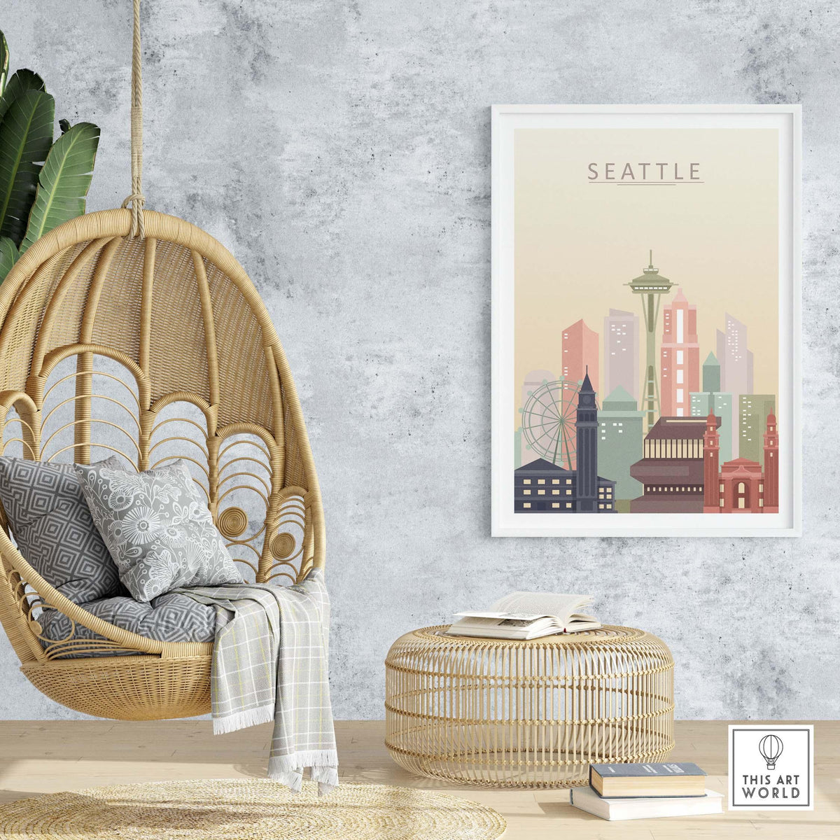 Seattle City Skyline Print in pastel tones, featured in a cozy interior with hanging chair and modern decor.