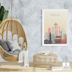 Seattle City Skyline Print in pastel tones, featured in a cozy interior with hanging chair and modern decor.