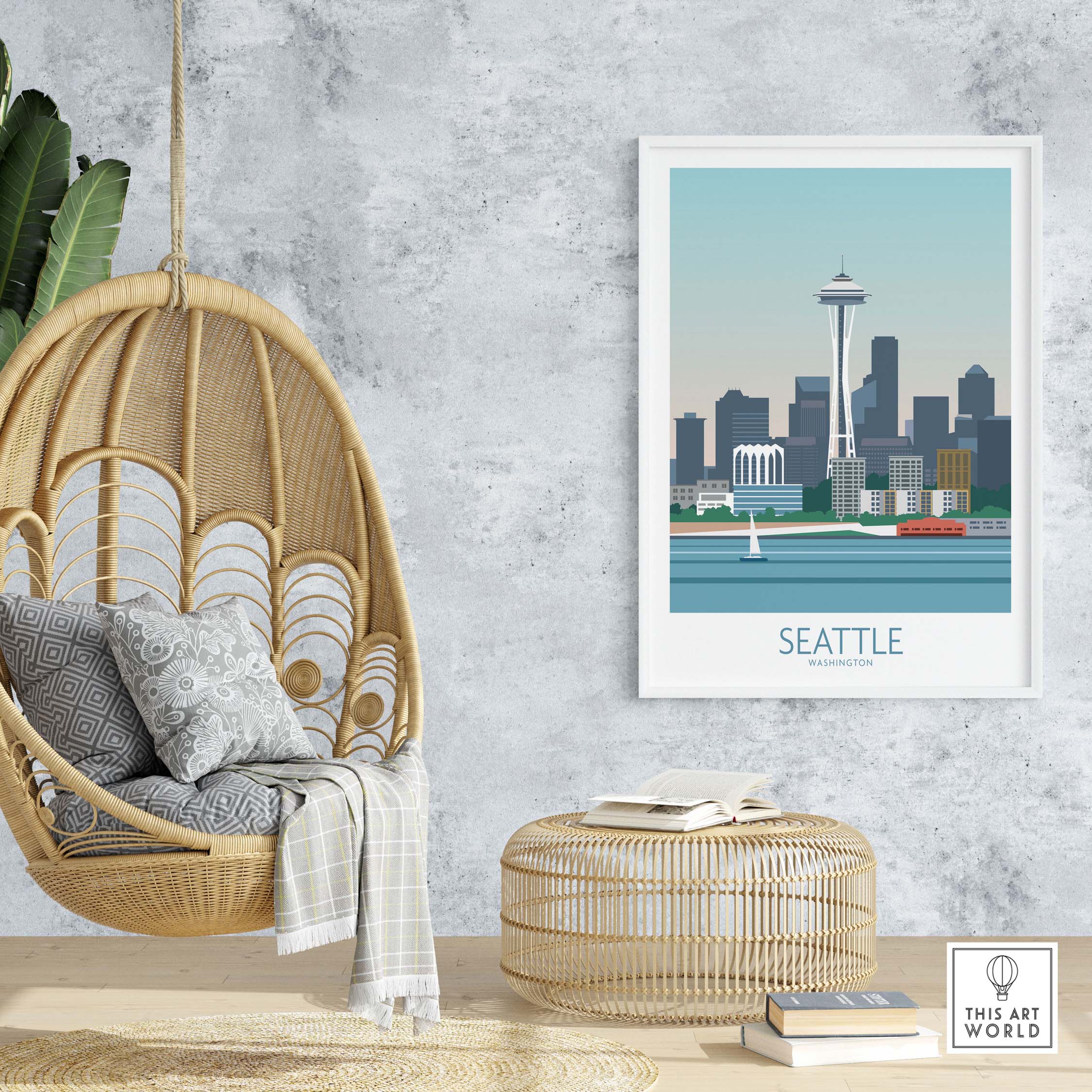 Seattle Poster Print featuring iconic skyline in a modern decor setting with a hanging chair and stylish furnishings.