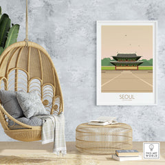 Seoul Print South Korea Travel Poster in a stylish home setting with a hanging chair and natural decor.