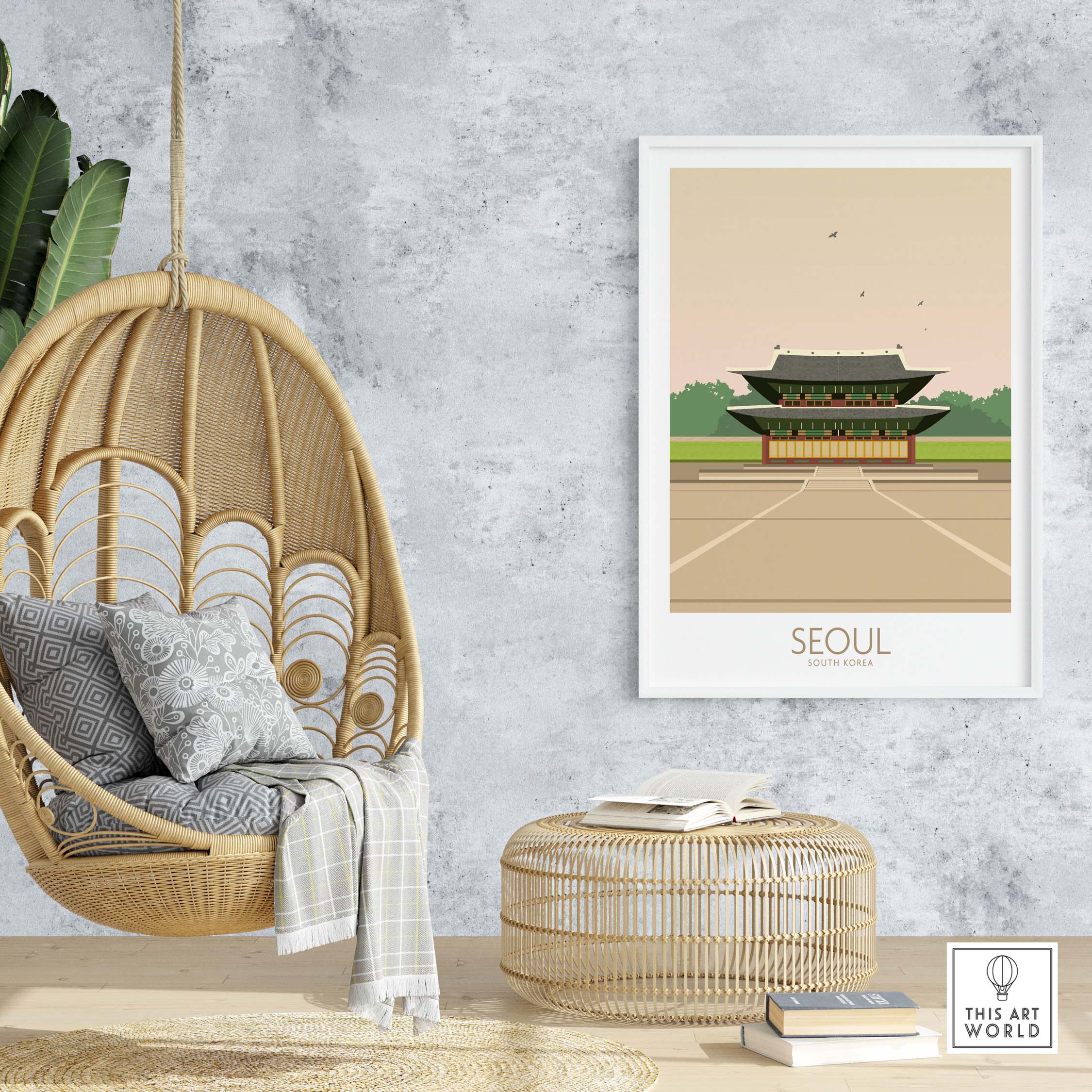 Seoul Print South Korea Travel Poster in a stylish home setting with a hanging chair and natural decor.