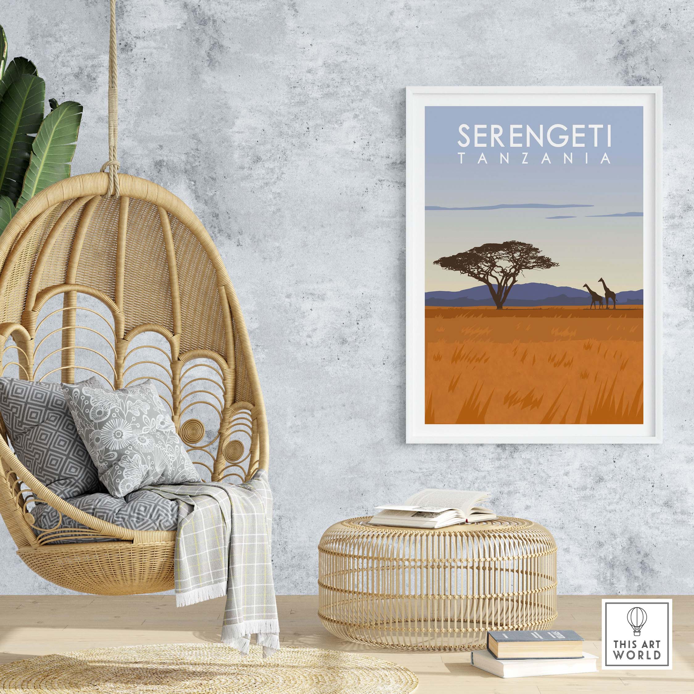 Serengeti Print Tanzania Travel Poster displayed in a stylish living room with woven decor.