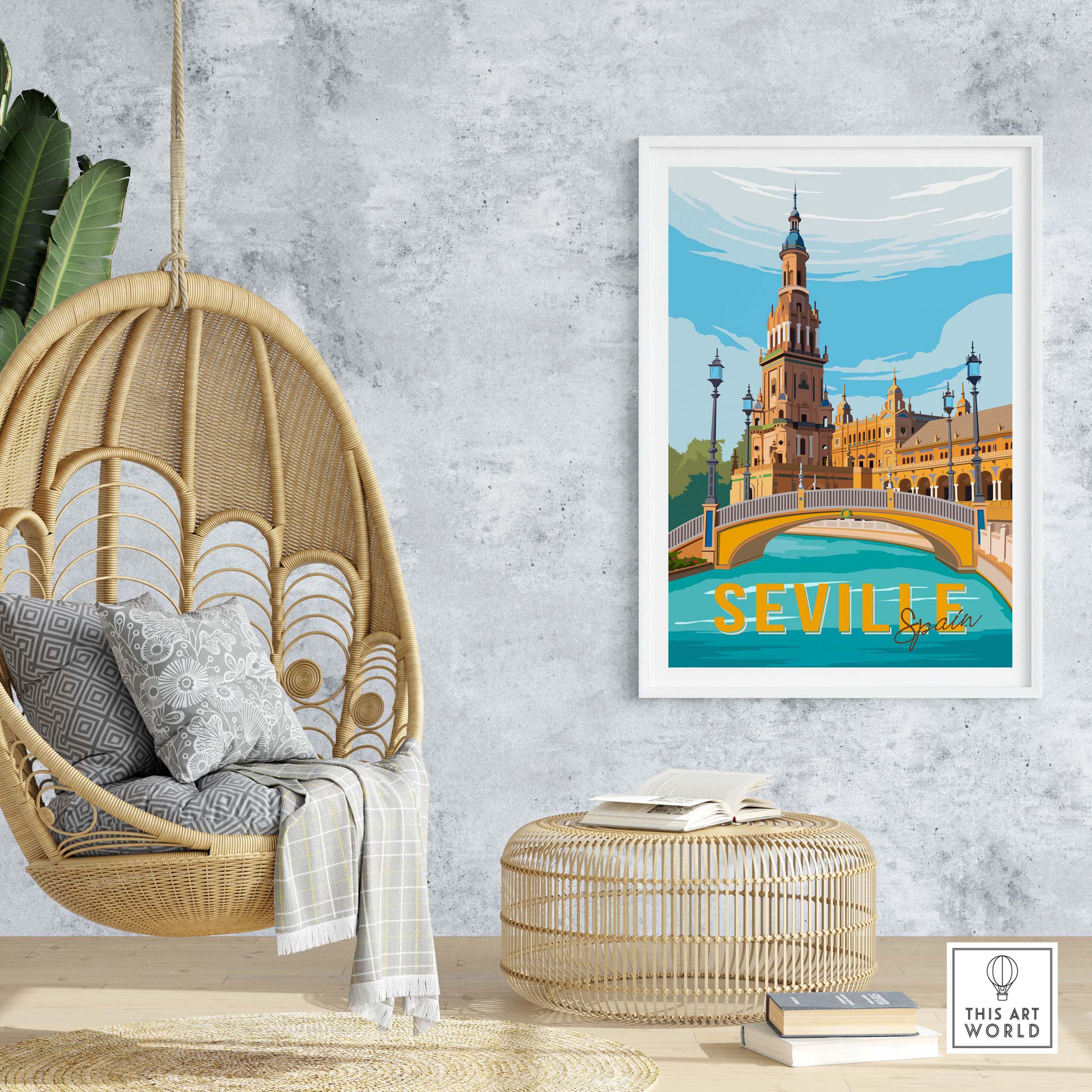 Vintage Seville print poster wall art displayed in a modern interior with hanging chair and stylish decor.