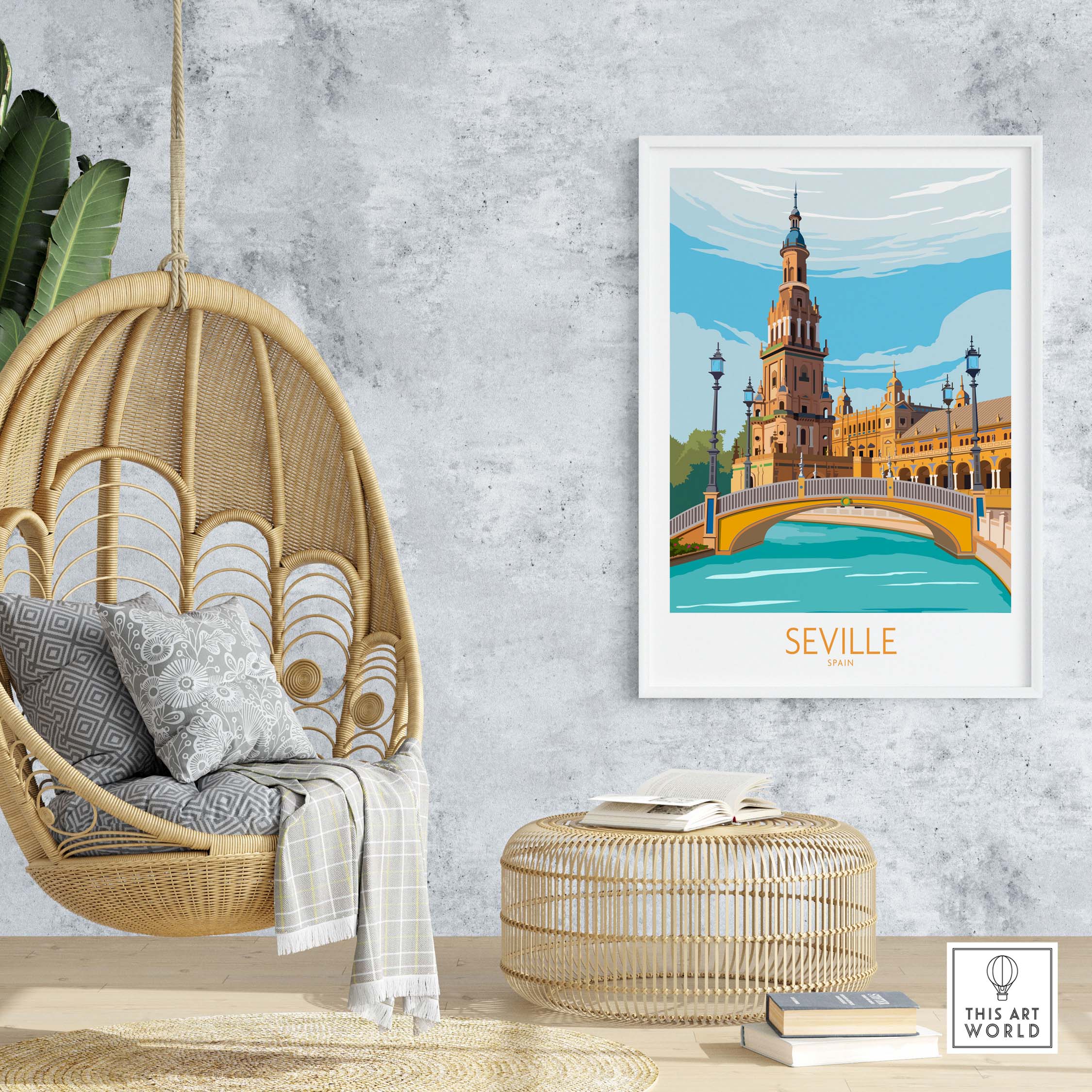 Seville Poster Travel Print showcasing a vibrant artwork of Seville, Spain, in a stylish home decor setting.