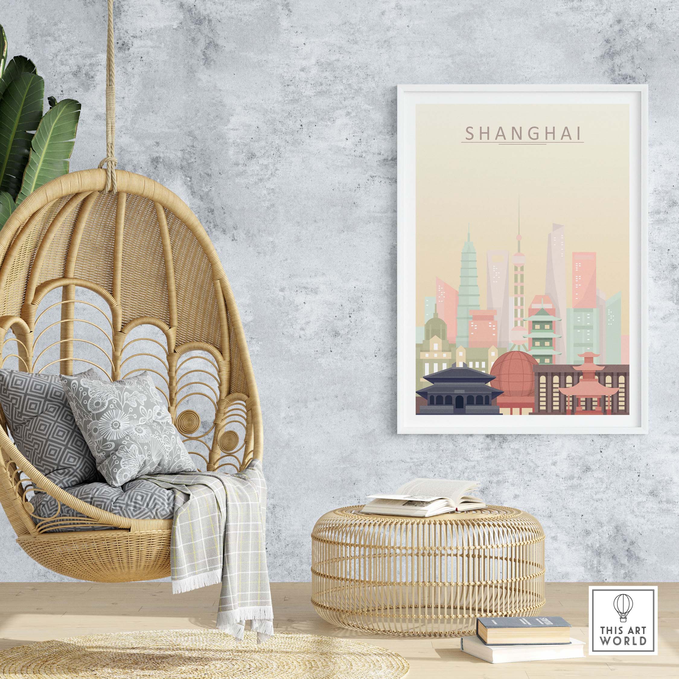 Stylish Shanghai skyline print on wall above cozy chair and ottoman, featuring warm pastel tones and iconic architecture.