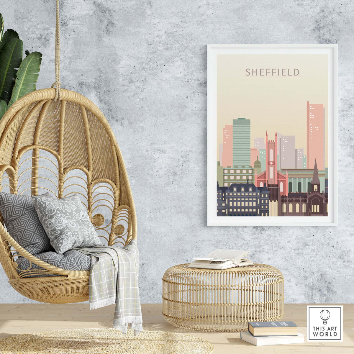 Sheffield Print City Skyline Poster displayed in a stylish interior with a hanging chair and decorative accents.