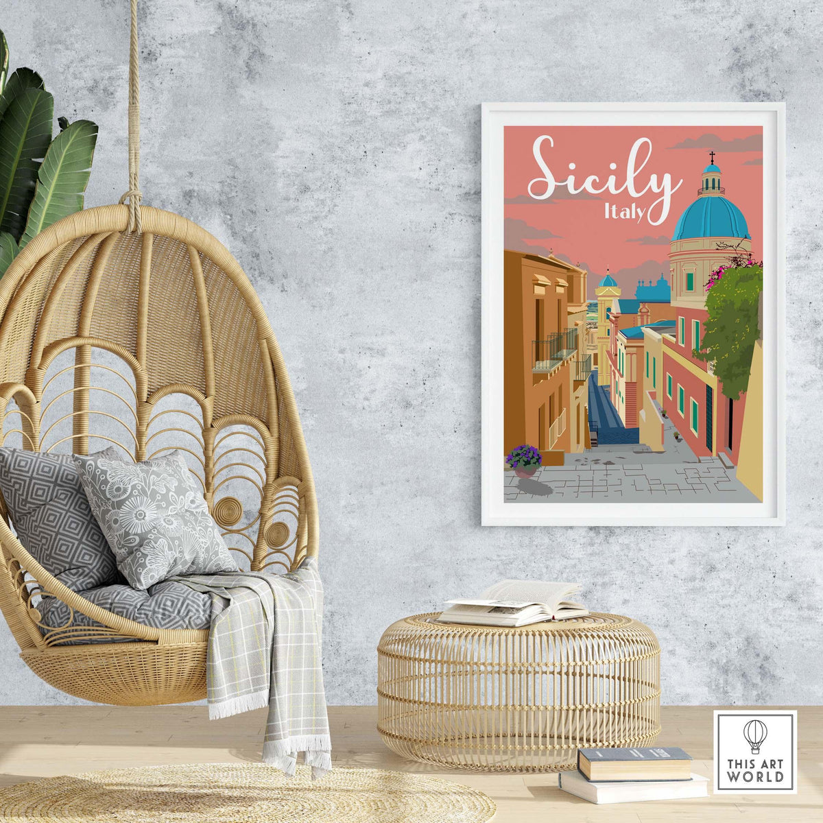 Sicily print Italy poster in a stylish home setting with a hanging chair and cozy decor.