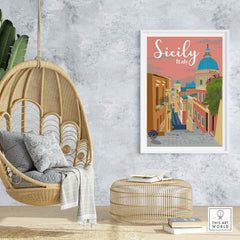 Sicily print Italy poster in a stylish home setting with a hanging chair and cozy decor.