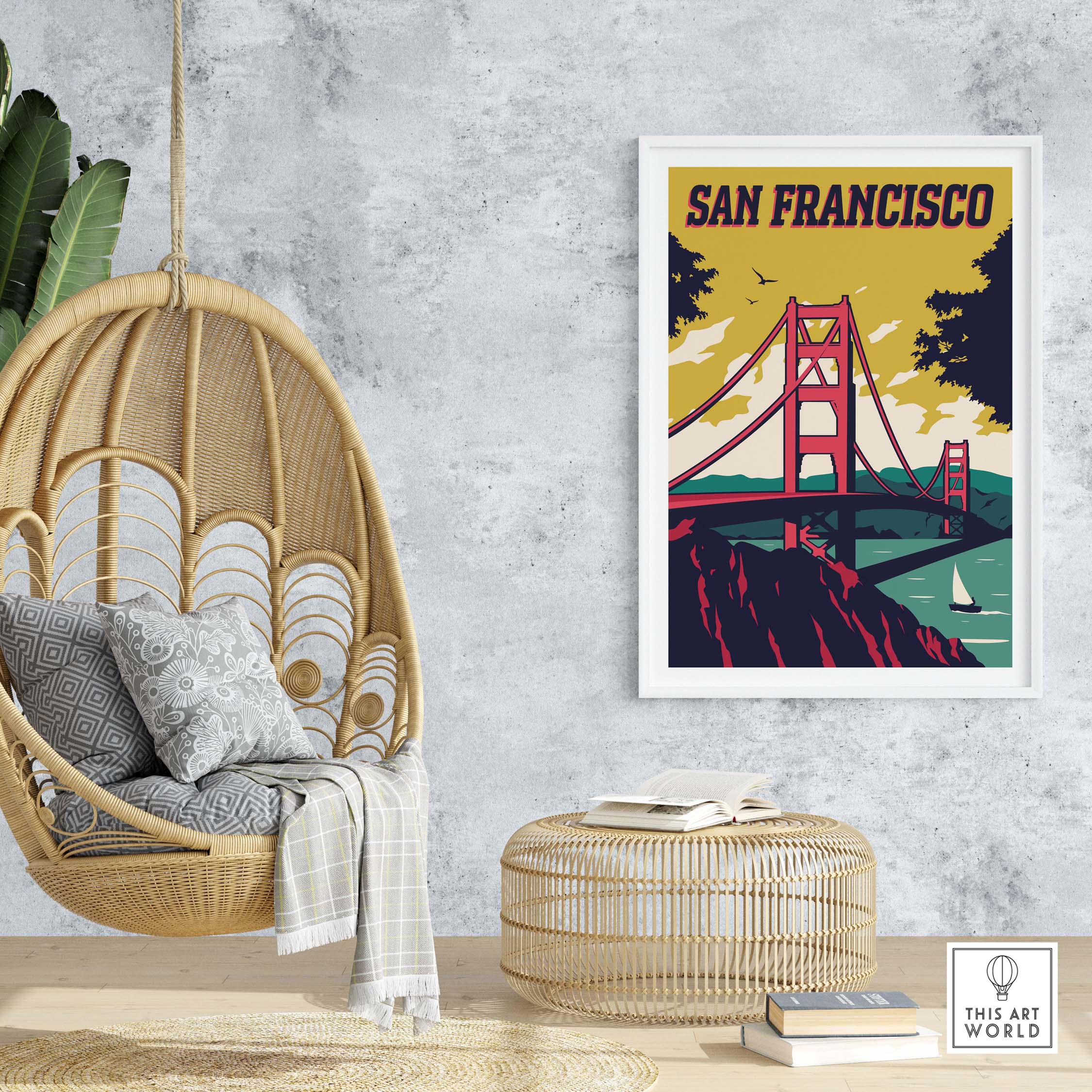 San Francisco Poster Wall Art Print featuring the Golden Gate Bridge in a vintage style, perfect for home or office decor.