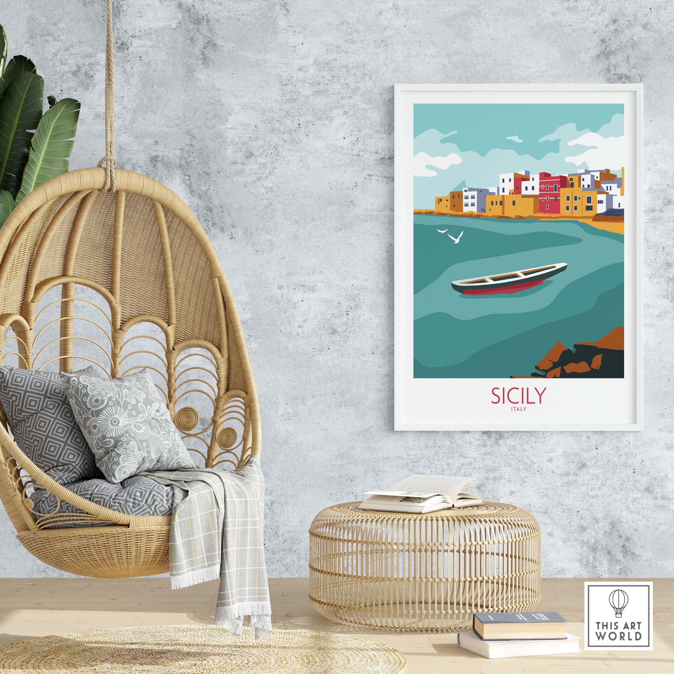 Sicily Poster Travel Art Print featuring a colorful coastal scene with a boat, perfect for home or office decor.