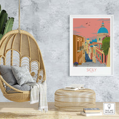 Sicily poster wall art print showcasing a colorful street scene with a hanging chair and cozy decor.