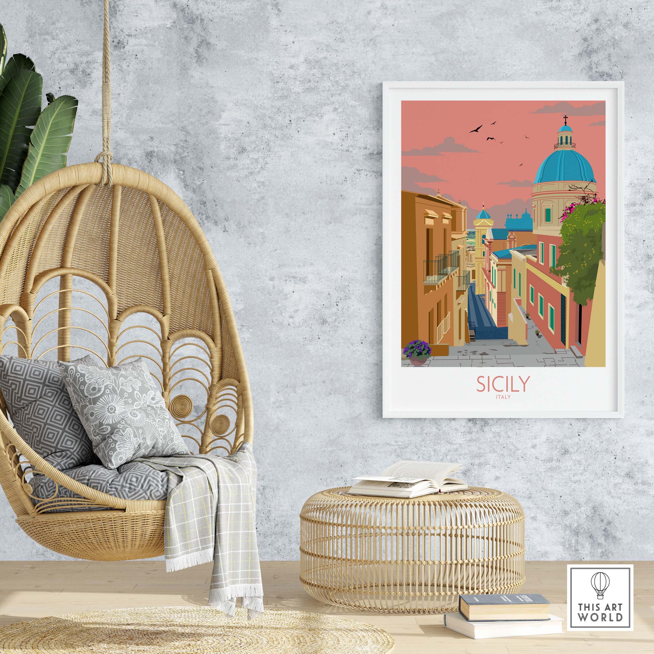 Sicily poster wall art print showcasing a colorful street scene with a hanging chair and cozy decor.