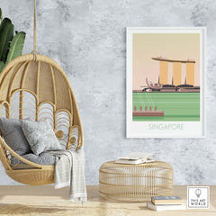 Stylish Singapore print travel poster in a modern home decor setting with hanging chair and decorative elements.