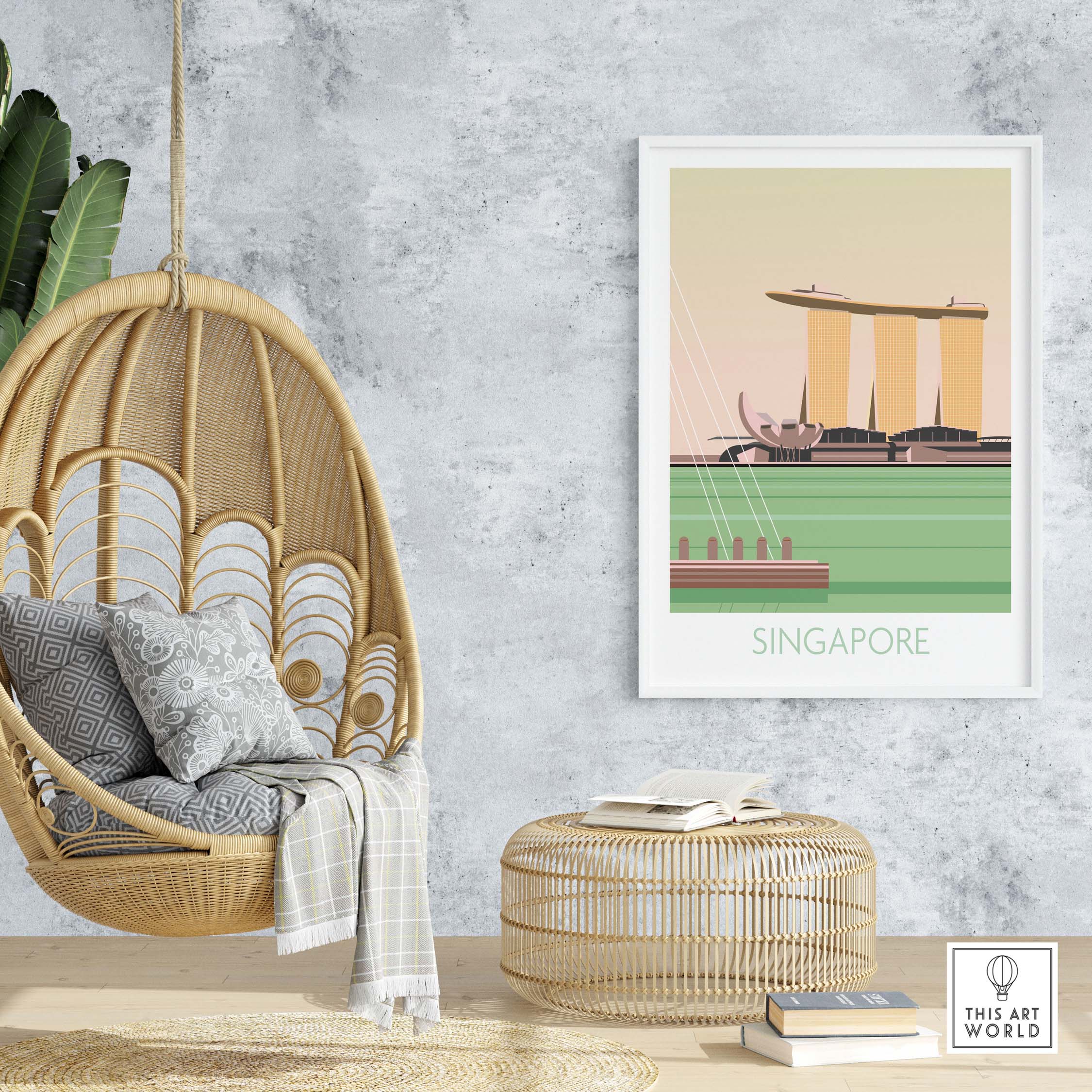 Stylish Singapore print travel poster in a modern home decor setting with hanging chair and decorative elements.
