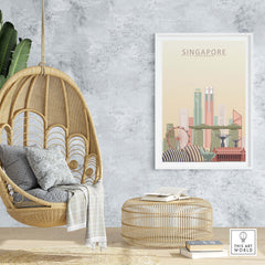 Singapore skyline wall art poster in pastel tones, displayed in a cozy interior with hanging chair.