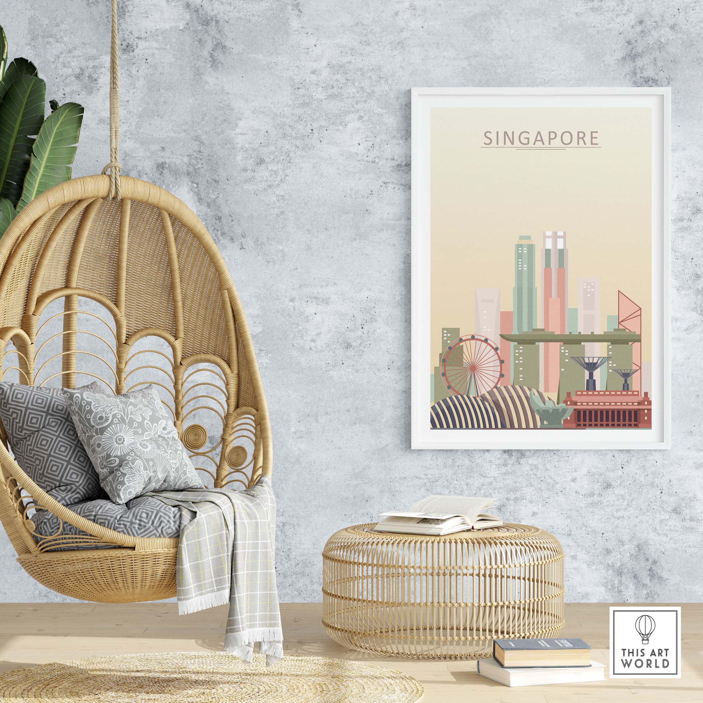 Singapore skyline wall art poster in pastel tones, displayed in a cozy interior with hanging chair.