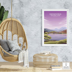 Snowdonia National Park poster displayed in a stylish living space with a hanging chair and modern decor.