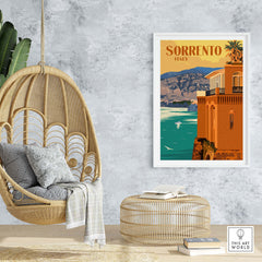 Sorrento Poster Print Wall Art featuring a vintage-style illustration of Sorrento, Italy on a textured wall.