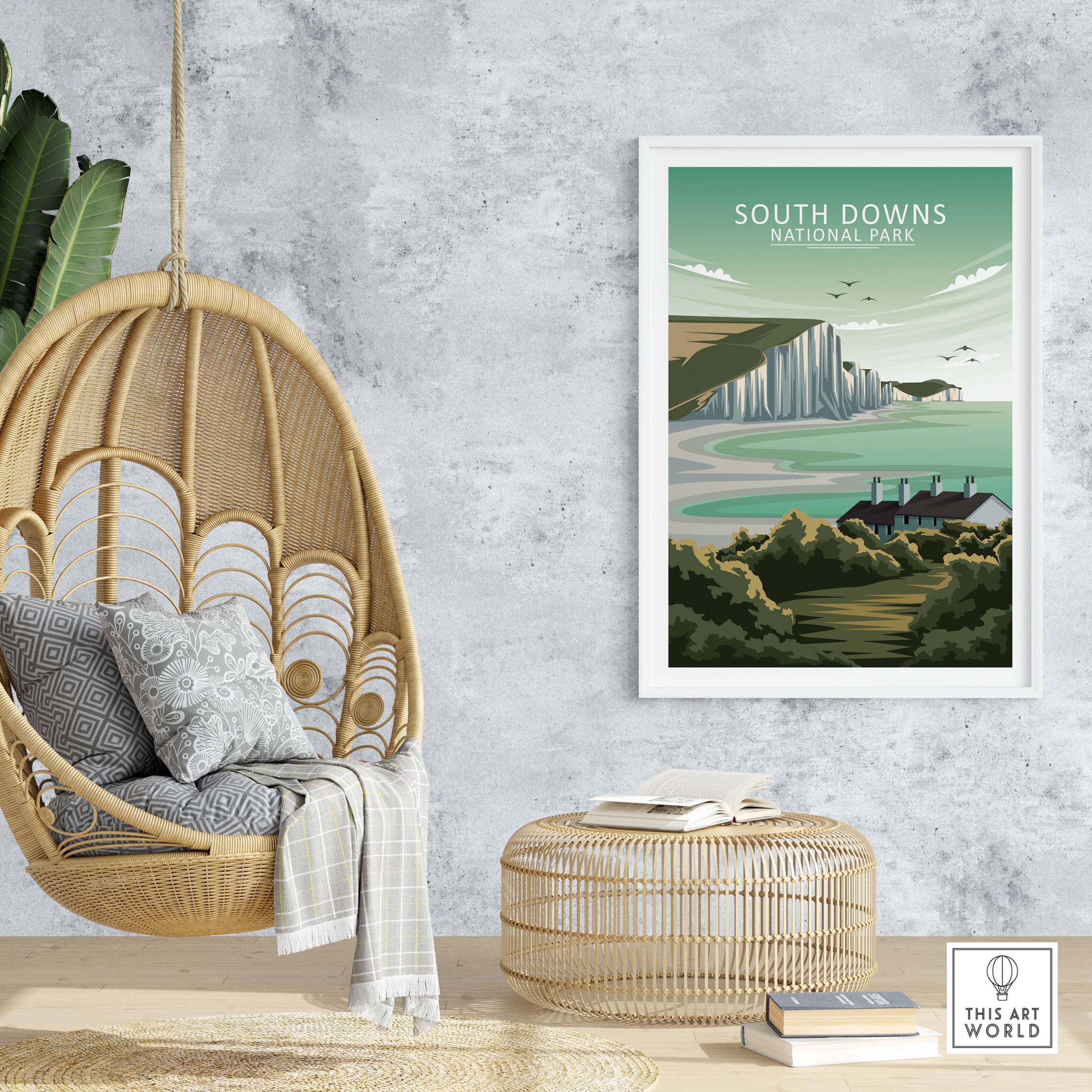 South Downs National Park poster displayed in a stylish home interior with a hanging chair and natural decor.